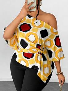 Spring/Summer/Autumn Oblique Shoulder Ruffle Sleeve Rose Waist Handkerchief Hem Solid Color Elegant Chic Commuting Design Sense High-End Vacation Daily Wear New Essential Plus Size Women Blouse - Multicolor - View 6