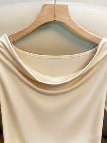 Franclia Women's Elegant Draped Collar Long Sleeve Bodysuit,Cream,Autumn,Effortless Chic,Everyday Lustrous Fabric Plain Vanilla Yellow Commuting Tops - Apricot - View 3