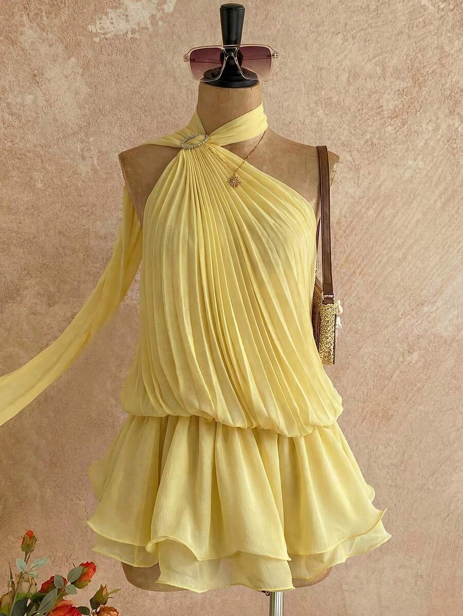 Femesol 女士黄色雪纺提花波点褶皱金属扣荷叶边短连衣裙，女士优雅时尚度假派对连衣裙，女士浅黄色连衣裙