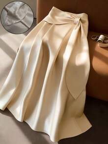 SHEIN Holidaya Women's Champagne Satin High Waist Maxi Skirt, Bow Tie Waist A-Line Flowy Long Skirt, Elegant Formal Skirt For Wedding Guest Party Dinner - Apricot - View 2