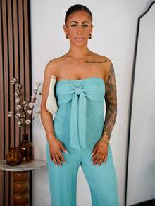 SAYEHFBABY Bộ jumpsuit nữ màu cam dệt kim, kiểu dáng thường ngày, gợi cảm và thanh lịch cho mùa xuân hè, gồm áo ống và quần dài ống rộng thắt nơ. - Màu xanh bạc hà - Xem 6