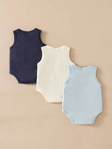 SHEIN Vintaside Kids 3件組嬰兒中性夏季休閒背心連身衣套裝，柔軟棉質，海軍藍、白色、摩卡色、黑色羅紋設計，適合家庭穿搭、度假、旅行與上學 - 藍色 - 查看 2