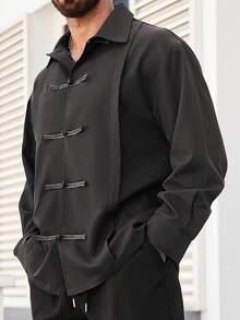 Manfinity Homme Plus Size Men's Solid Color Button Design Long Sleeve Casual Shirt - Dark Grey - View 4