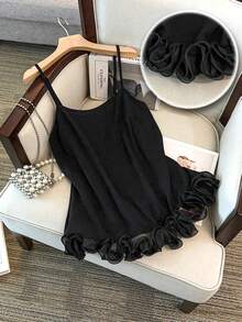 GlowEve CURVE Canotta da donna elegante e tagliata in vita, con orlo in tessuto, patchwork, volant e decorazioni floreali, adatta per lauree, vacanze, San Valentino, festival musicali, festa della mamma, Ognissanti, Ringraziamento, Pasqua, feste nazionali, gala, appuntamenti, feste, matrimoni, attività all'aperto - nero - Visualizzare 1