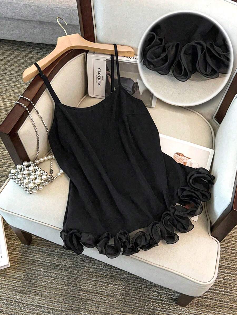 GlowEve CURVE Canotta da donna elegante e tagliata in vita, con orlo in tessuto, patchwork, volant e decorazioni floreali, adatta per lauree, vacanze, San Valentino, festival musicali, festa della mamma, Ognissanti, Ringraziamento, Pasqua, feste nazionali, gala, appuntamenti, feste, matrimoni, attività all'aperto - nero - Visualizzare 1