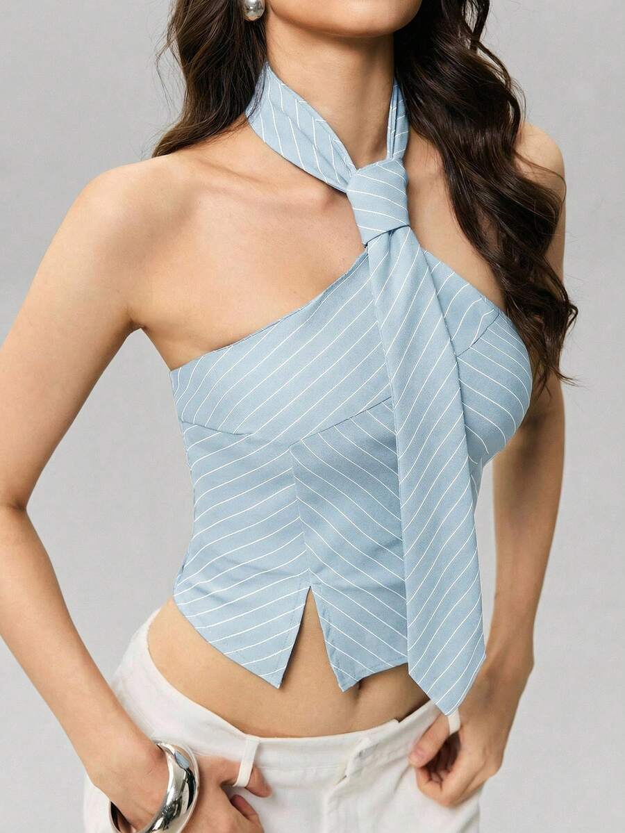 SHEIN MOD 女士条纹露背吊带休闲百搭日常上衣 - 淺藍色 - 查看 1