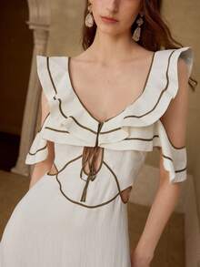 MOTF PREMIUM WOMEN'S CONTRAST COLOR LINEN DRESS WITH STYLISH DESIGN, SPRING/SUMMER - Beige - View 3
