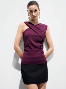 Aveloria Modichic Fashionable Versatile Casual Criss-Cross Design Women T-Shirt - Burgundy - View 5