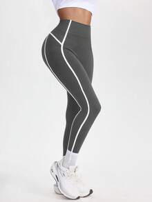 Gameset SHEIN Sport Quần yoga cạp cao kẻ sọc tương phản, thiết kế ôm sát theo phong cách Âu Mỹ, chất liệu co giãn cao, phù hợp cho yoga, thể dục và mặc thường ngày, thiết thực và thời trang. - Màu xám đen - Xem 5