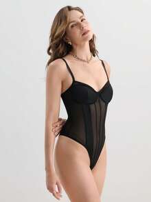 Hourtrue Body de malla negra transparente con escote en V profundo y cinturilla, body sexy y transparente para usar por capas - Negro - Ver 6