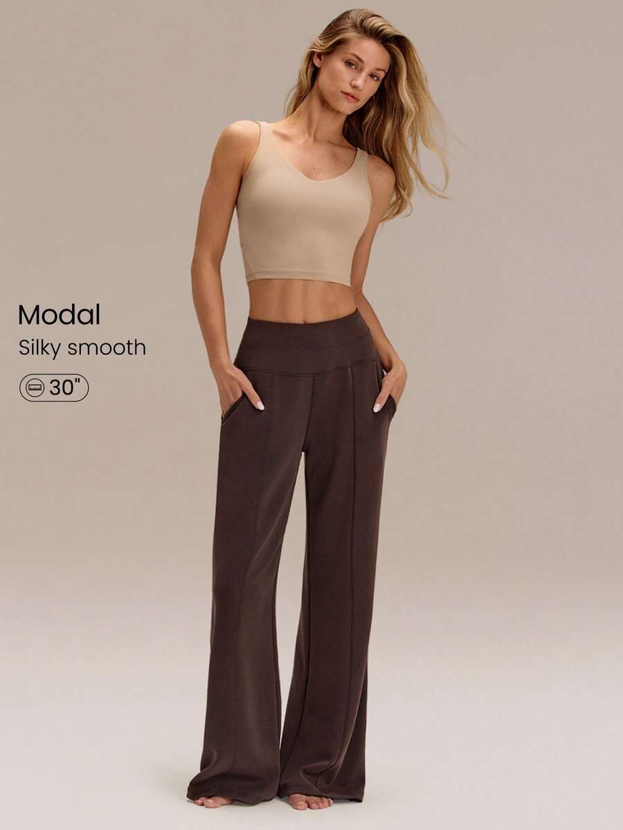 GLOWMODE 30" Regular SoftCalm Modal Silk Touch Wide Leg High Waist Lounge Pants With Side Pockets Daily Casual Spring Summer - Chocolate Brown - View 1