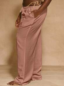 MUSERA Große Größen Mittlere Taille Weite Bein Hose mit Kordelzug Taille, Urlaubsmode, elegante Ferien, süßer Sommer Frühling - Altrosa - Übersicht 3