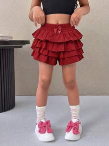 Maija Kids Maija Kids Quần short dệt trơn màu dành cho bé gái, kiểu dáng thường ngày. - Đỏ - Xem 3