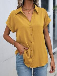 EMERY ROSE Women's Solid Color Single-Breasted Casual Versatile Daily Wear Shirt - Yellow - View 3