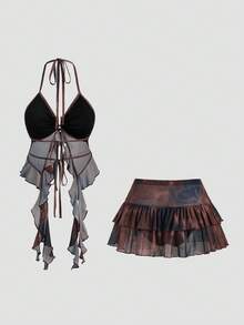 SHEIN Sweetro 新款渐变扎染露背吊带背心和迷你裙两件套 - 鏽棕色 - 查看 2