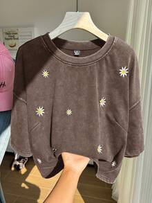 Comfortcana Plus Size Short Sleeve 100% Cotton T-Shirt, Washed Snow Flake Pattern, Spring Embroidered Cropped T-Shirt, Brown - Brown - View 1
