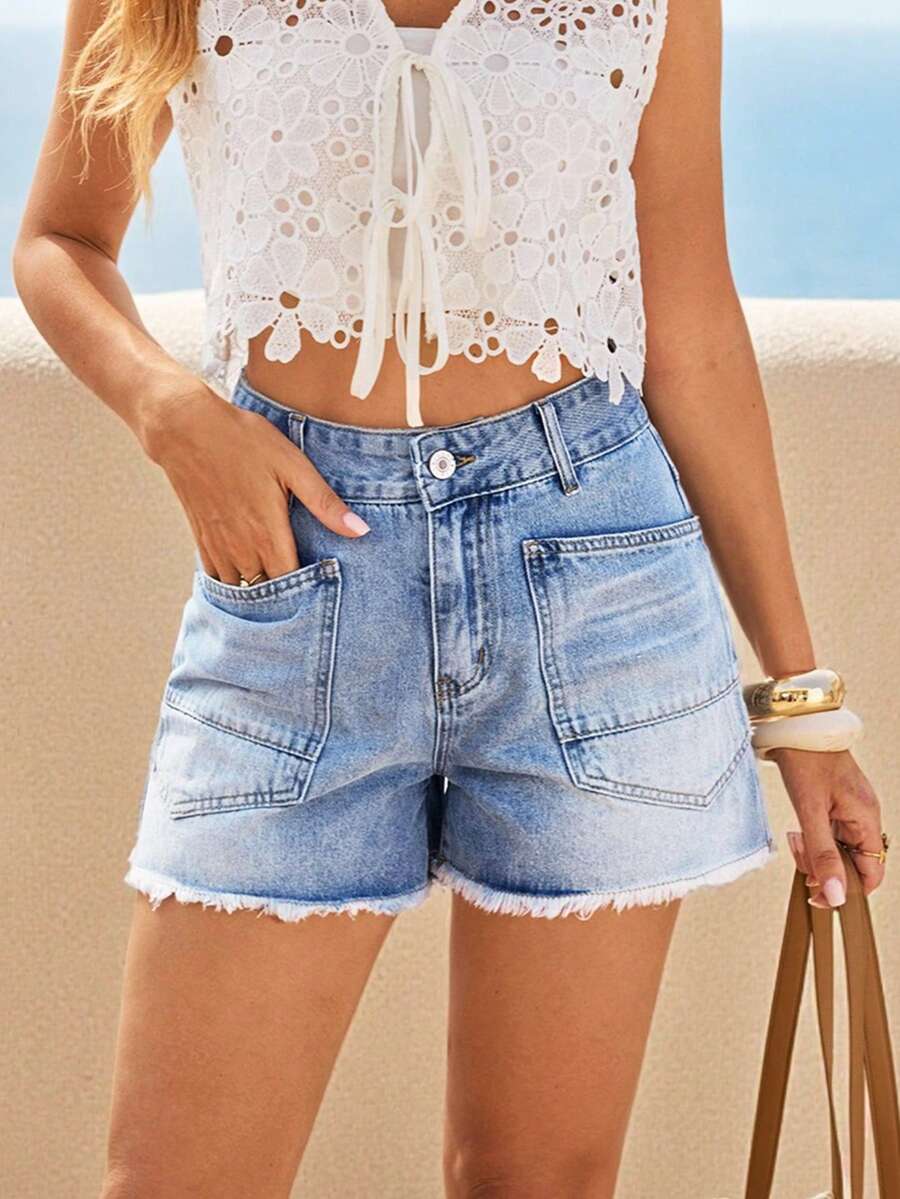 Breezaya Quần short denim nữ thường ngày, kiểu dáng giản dị, có túi, gấu quần rách, thích hợp cho mùa hè. - Màu xanh lam - Xem 1