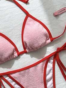 Swim Mod Bộ bikini hai mảnh vải jacquard buộc cổ cho nữ, bộ bikini đi nghỉ mát mùa xuân/hè, đồ bơi đi biển cho nữ, bộ bikini cho nữ, bikini dây, bikini màu hồng, đồ bơi, bộ bikini che phủ, trang phục đi nghỉ mát cho nữ. - Hồng - Xem 6