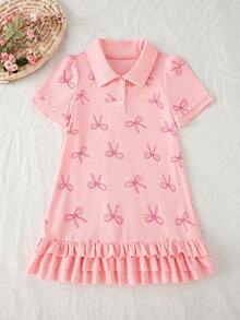 1pc Girls Ruffled Hem Butterfly Print Polo Collar Puff Sleeve Casual Beach Dress, Sweet & Fashionable - Pink - View 1