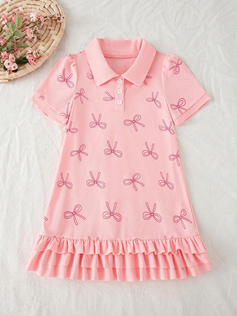 1pc Girls Ruffled Hem Butterfly Print Polo Collar Puff Sleeve Casual Beach Dress, Sweet & Fashionable - Pink - View 1