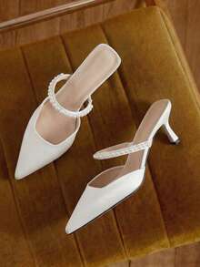 歐美風格珍珠扣飾尖頭高跟鞋適合女士 - 白色 - 查看 1