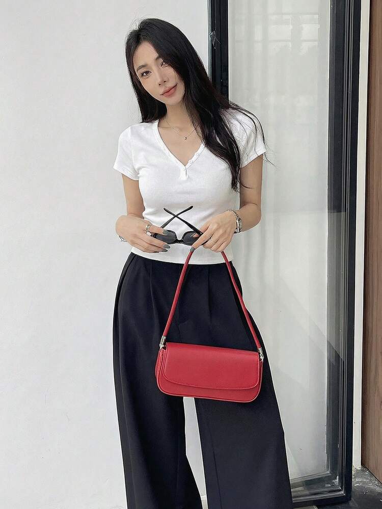 Women's Slim Fit Solid Color V-Neck Versatile Short Sleeve T-Shirt, Suitable For Spring And Summer, Valentine's Day