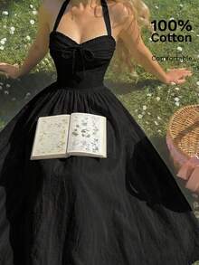 SHEIN MOD Đầm dài ngang gối màu trơn, dây mảnh, thời trang mùa hè dành cho nữ. - màu đen - Xem 2