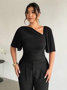 Firerie Blusa de manga corta con cuello asimétrico para mujer de talla grande - Negro - Ver 4