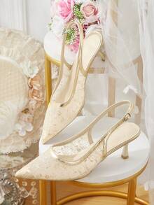CUCCOO HITCHD Giày cao gót nữ, giày cưới mũi nhọn, màu vàng sâm panh bóng bẩy phối ren thêu kim tuyến, quai gót nhọn, giày cưới thanh lịch kiểu cổ tích, trang phục dự tiệc cho nữ. - Màu be - Xem 1