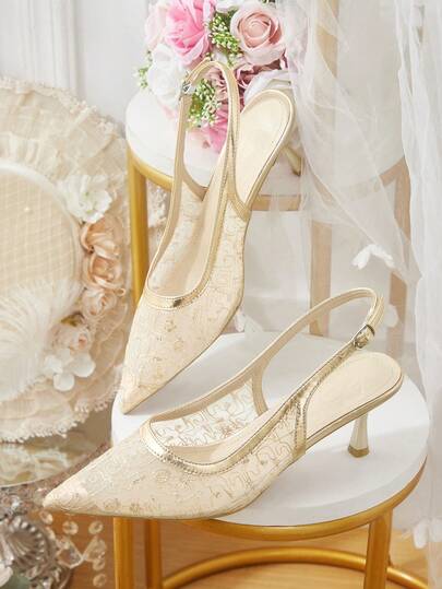 CUCCOO HITCHD Women's High-Heeled Shoes, Bridal Wedding Pointed Shoes, Champagne Gold Glossy Splicing Lace Glitter Embroidery, Stiletto Back Strap Deduction, Fairy Elegant Wedding Dress Toasting Clothes With Banquet Women's Shoes