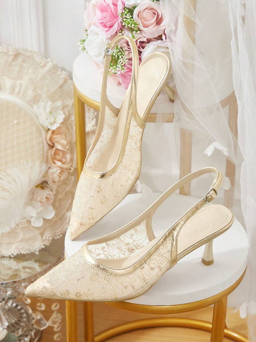 CUCCOO HITCHD Giày cao gót nữ, giày cưới mũi nhọn, màu vàng sâm panh bóng bẩy phối ren thêu kim tuyến, quai gót nhọn, giày cưới thanh lịch kiểu cổ tích, trang phục dự tiệc cho nữ. - Màu be - Xem 1