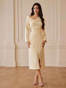 ZEYLAH Elegant Party Asymmetric Collar Cinched Waist Draped Midi Dress, Autumn/Winter - Light Yellow - View 2
