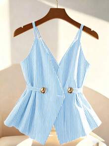 Franclia Women's Casual Striped Button Decor Camisole - Baby Blue - View 7