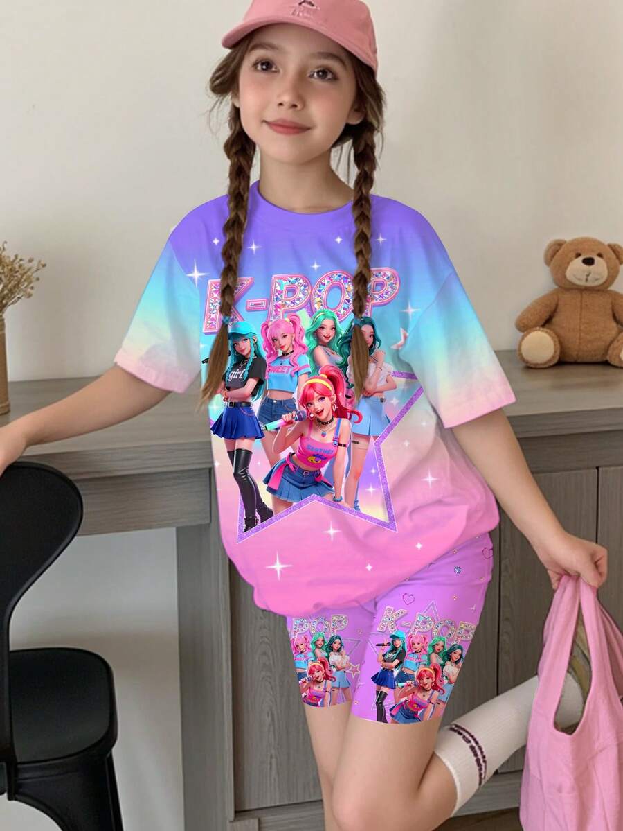 少女圆领卡通字母印花短袖T恤短裤套装,休闲简约风格,适合度假、派对、日常穿着、音乐会等场合。 - 彩色 - 查看 1