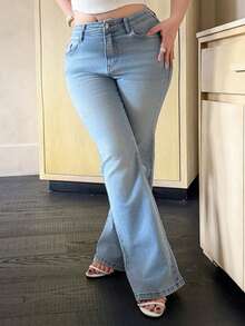 Dazy Plus 大码女式休闲蕾丝拼接喇叭牛仔裤，带口袋，春夏款 - 淺色水洗藍 - 查看 7