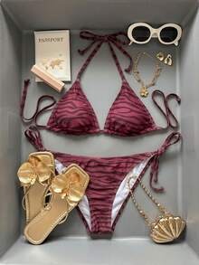 SHEIN Bộ bikini gợi cảm buộc dây cổ họa tiết da báo mùa hè dành cho nữ - Màu Đỏ Sâu - Xem 5
