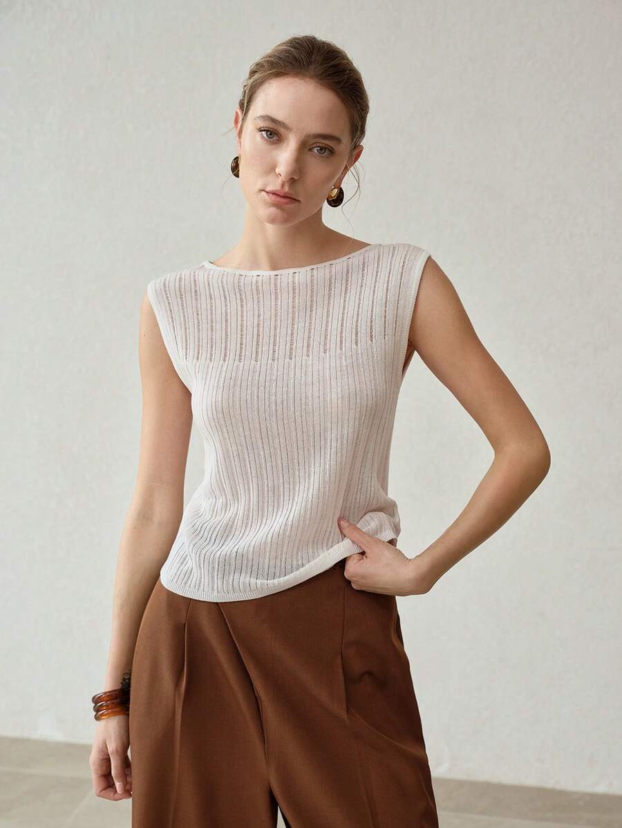 PREMIUM Top de punto sin mangas con textura acanalada y hueca - Blanco - Ver 2