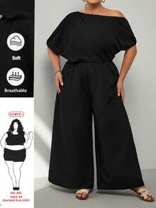 SHEIN CURVE+ 2026春夏新款女士加大码优雅派对/约会/毕业季网纱黑色单肩褶裥装饰斜肩超长阔腿裤梭织纹理面料连体裤 - 黑色 - 查看 1