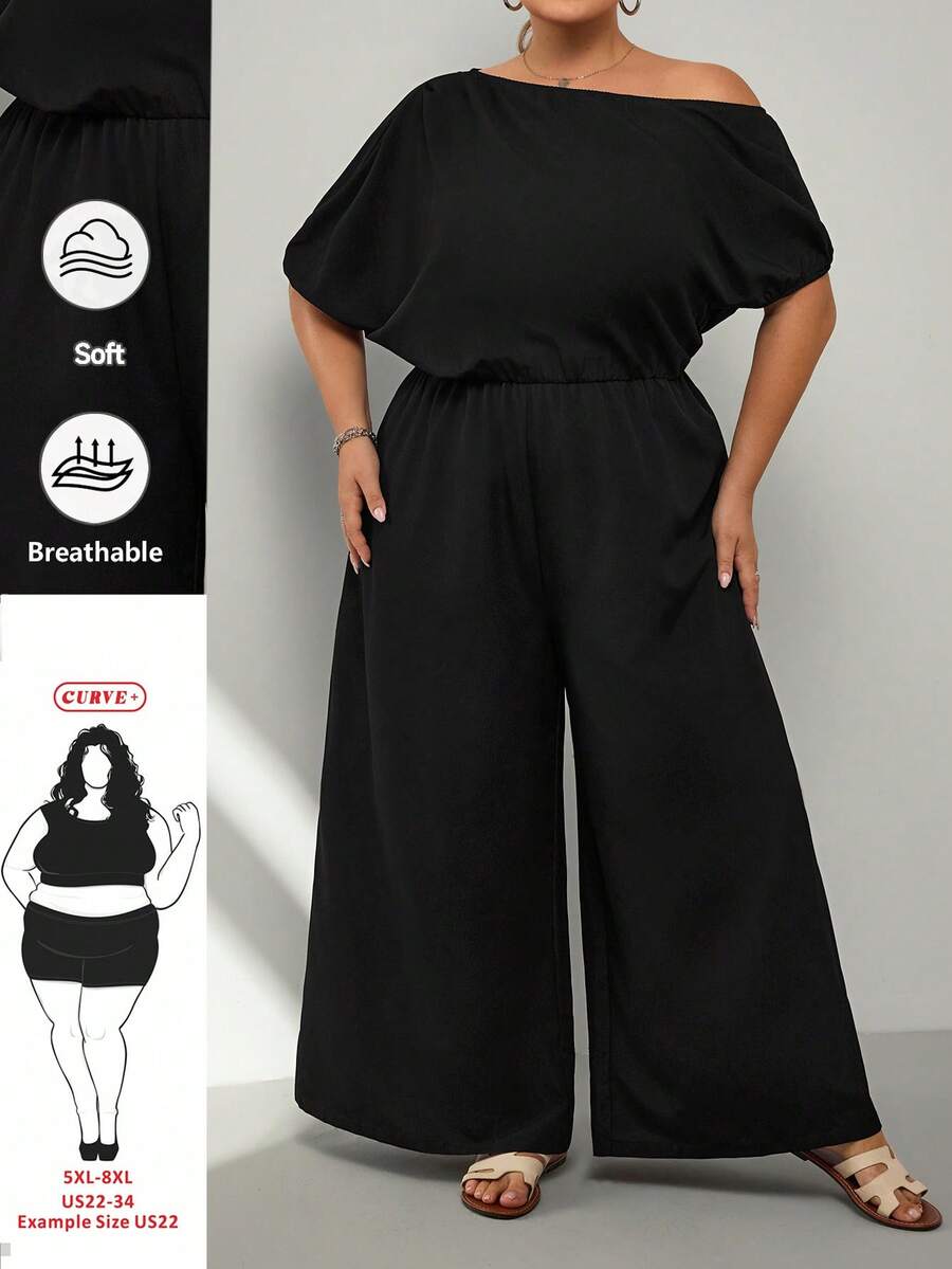 SHEIN CURVE+ 2026春夏新款女士加大码优雅派对/约会/毕业季网纱黑色单肩褶裥装饰斜肩超长阔腿裤梭织纹理面料连体裤 - 黑色 - 查看 1