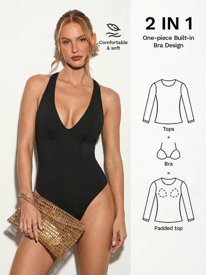 Nuvra 女士黑色深V领连体衣，舒适面料