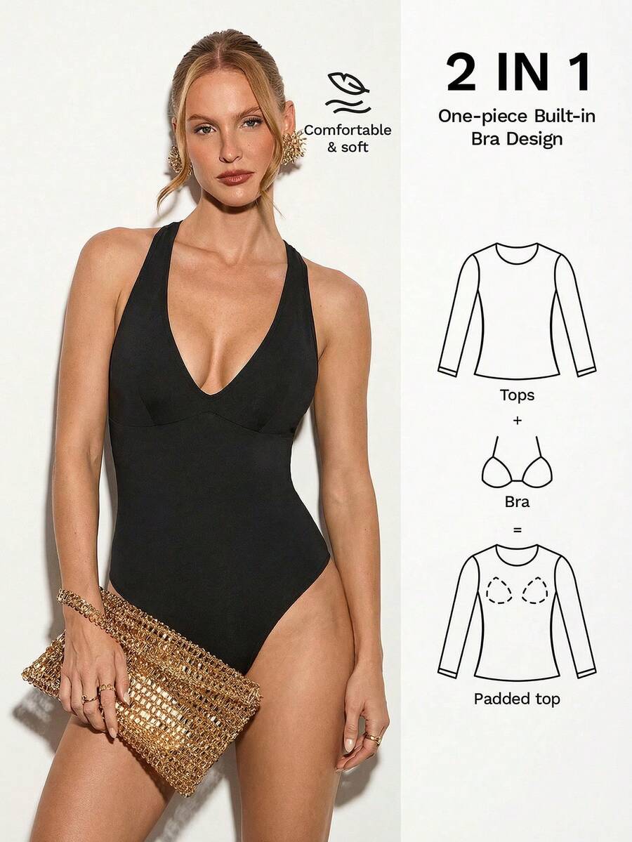 Nuvra 女士黑色深V领连体衣，舒适面料 - 黑色 - 查看 1