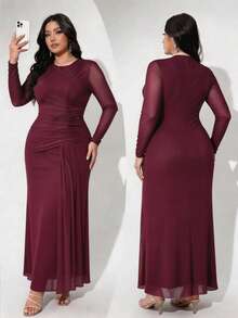 Modelyn Plus Size Women Solid Color Pleated Long Sleeve Elegant Dress - Burgundy - View 9
