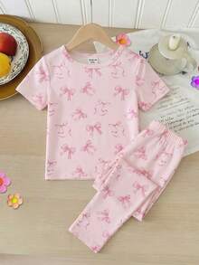 SHEIN 2件套少女时尚简约粉色蝴蝶结印花圆领针织短袖上衣和宽松舒适长裤休闲家居服套装 - 粉色 - 查看 4