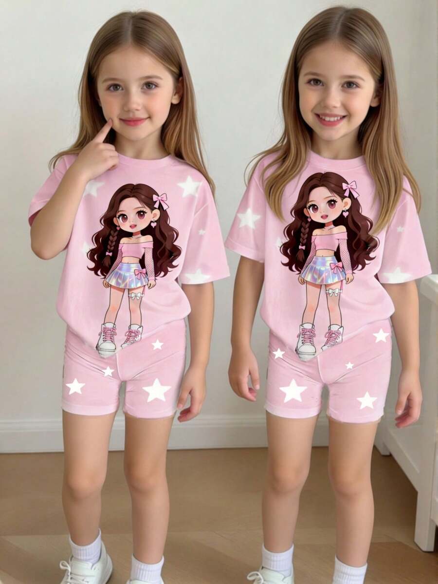 Elladie kids Conjunto informal de top de manga corta suave con estampado gráfico de estrellas y niña, y shorts con estampado de estrellas para niñas jóvenes - Blanco y Negro - Ver 1
