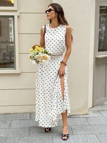 女士波点印花圆领吊带背心和迷你裙两件套 - 黑與白 - 查看 9