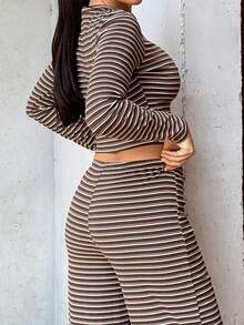 Marta Soriano Women's Casual Homewear Pajama Set, Includes Striped Crew Neck Long Sleeve Tee And Loose Striped Straight Leg Pants, Suitable For Daily Wear, Sports, Autumn/Winter, Back To School Clothes Brown Striped Two Piece Set,For Daily,Office,Outgoing - Brown - View 4