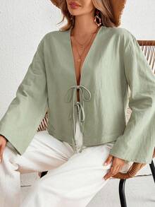 INAWLY Áo sơ mi nữ tay loe buộc trước màu trơn thường ngày đi nghỉ cho nữ - xanh quân đội - Xem 4
