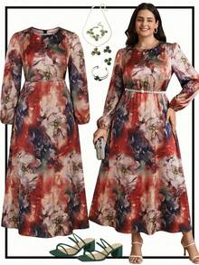 SHEIN Clasi 大码女式扎染图案圆领灯笼袖优雅连衣裙 - 棕色 - 查看 1