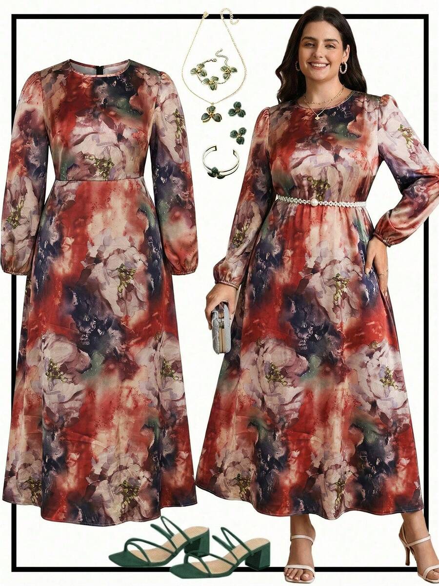 SHEIN Clasi 大码女式扎染图案圆领灯笼袖优雅连衣裙 - 棕色 - 查看 1