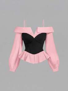 SHEIN MOD 大码女士优雅黑白露肩衬衫，简约时尚，休闲日常穿着，新年、街头风、办公室衬衫、长袖衬衫、新年女士套装、优雅上衣、哥特风、外出上衣、派对上衣 - 粉色 - 查看 5